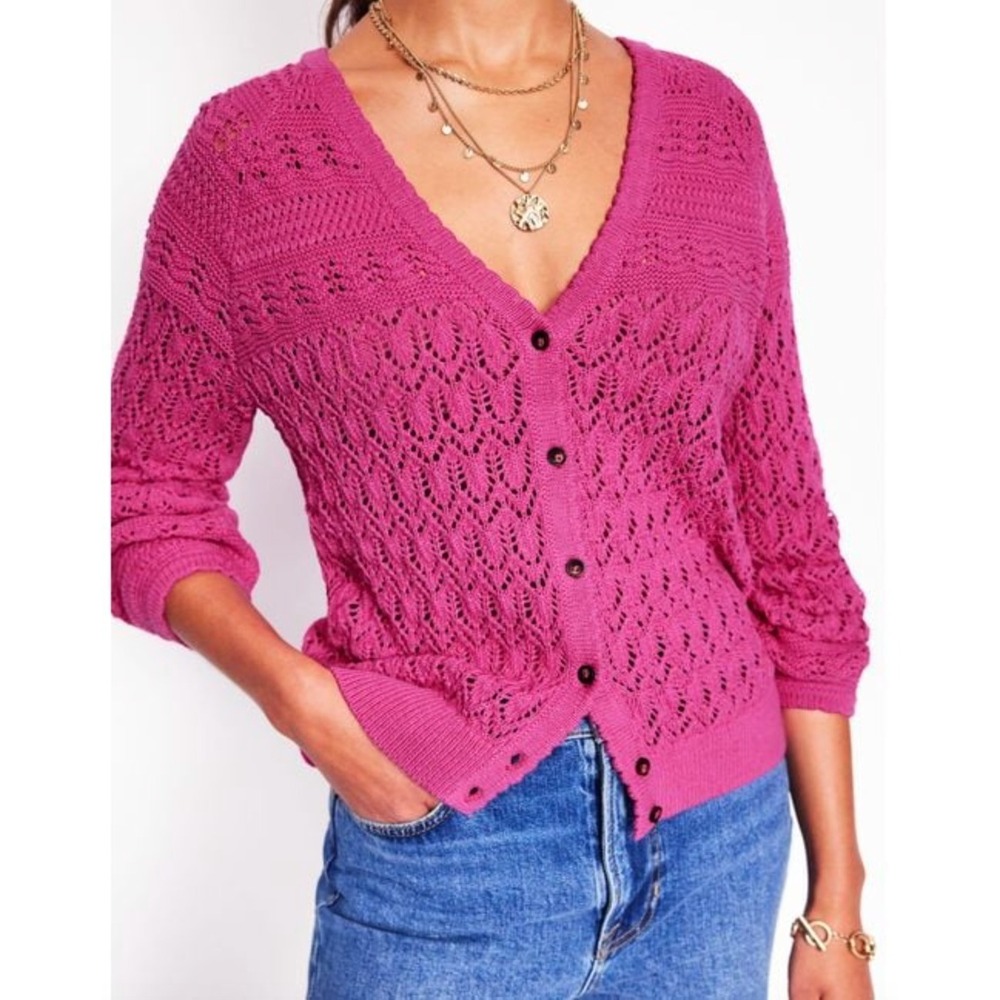 BODEN Elodie Cotton Stitch V Neck Cardigan Purple‎ Damson Pink Size Medium